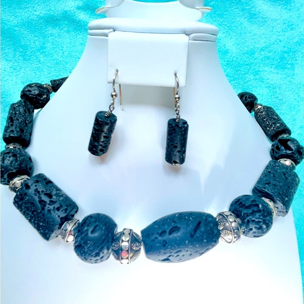 Black Hawaiian Lava & Silver Bead Jewelry Set, Necklace & Earrings.One of a Kind